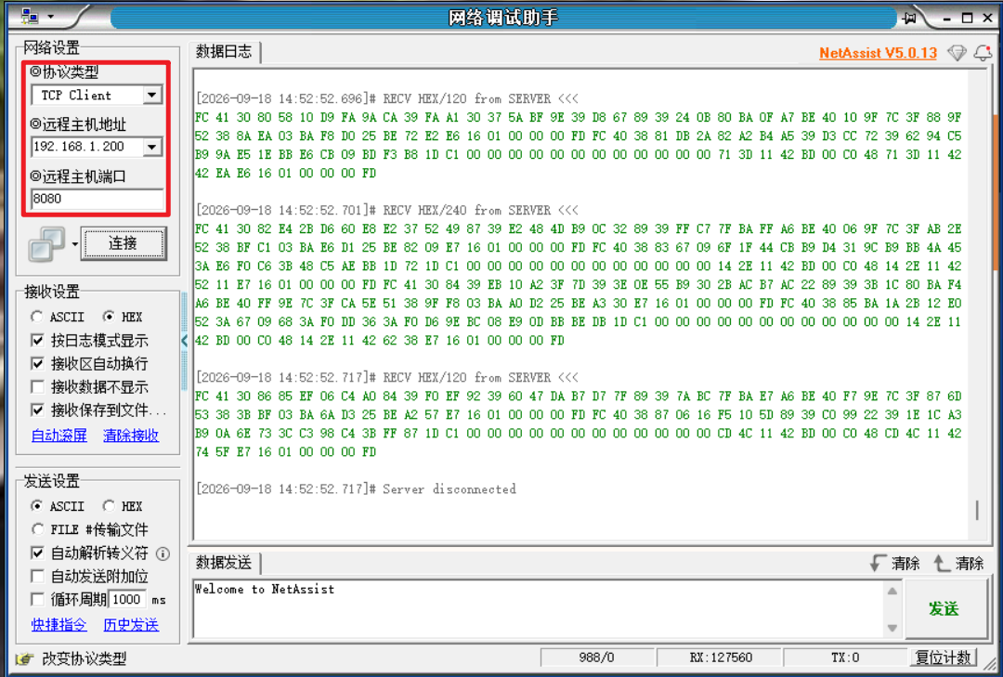 网络调试助手 TCP Client 收数验证